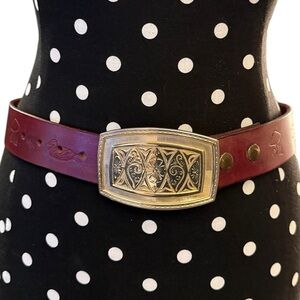 Boho Tooled Leather Belt Reddish Brown Embossed Brass Whimsy Fairy Hippie 28-32